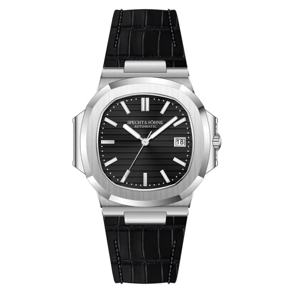 Relógio Masculino Couro Onyx Specht & Söhne vista frontal com mostrador preto com caixa prata