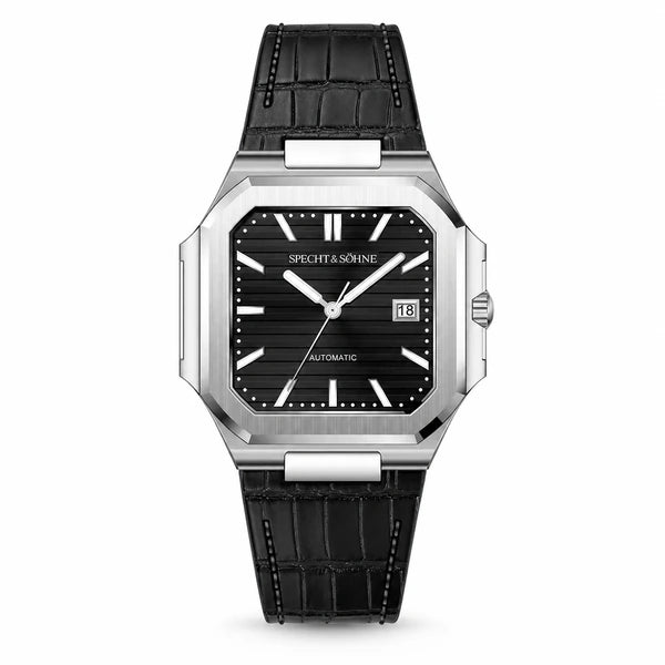 Relogio Masculino de Couro Preto Specht & Sohne Cubico Automatico frontal em fundo branco