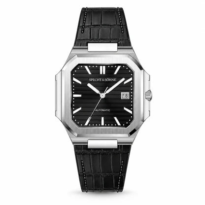 Relogio Masculino de Couro Preto Specht & Sohne Cubico Automatico frontal em fundo branco
