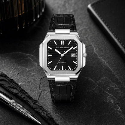 Relogio Masculino de Couro Preto Specht & Sohne Cubico Automatico em composicao lifestyle luxuosa