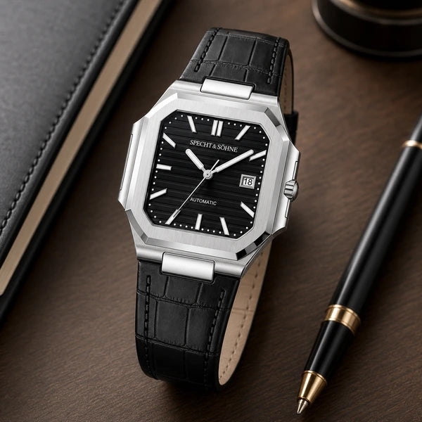 Relogio Masculino de Couro Preto Specht & Sohne Cubico Automatico em ambiente executivo premium