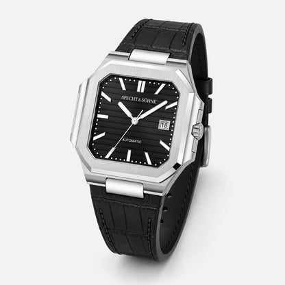 Relogio Masculino de Couro Preto Specht & Sohne Cubico Automatico em angulo tres quartos