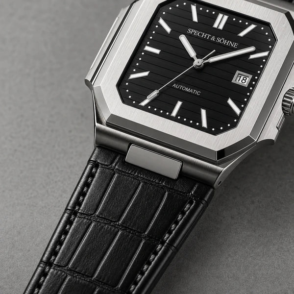 Relogio Masculino de Couro Preto Specht & Sohne Cubico Automatico com detalhe da pulseira e acabamento