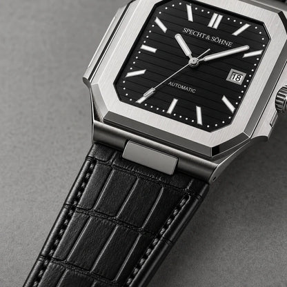 Relogio Masculino de Couro Preto Specht & Sohne Cubico Automatico com detalhe da pulseira e acabamento
