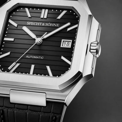 Relogio Masculino de Couro Preto Specht & Sohne Cubico Automatico com close da coroa e facetas da caixa