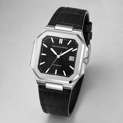 Relogio Masculino de Couro Preto Specht & Sohne Cubico Automatico em angulo final de catalogo