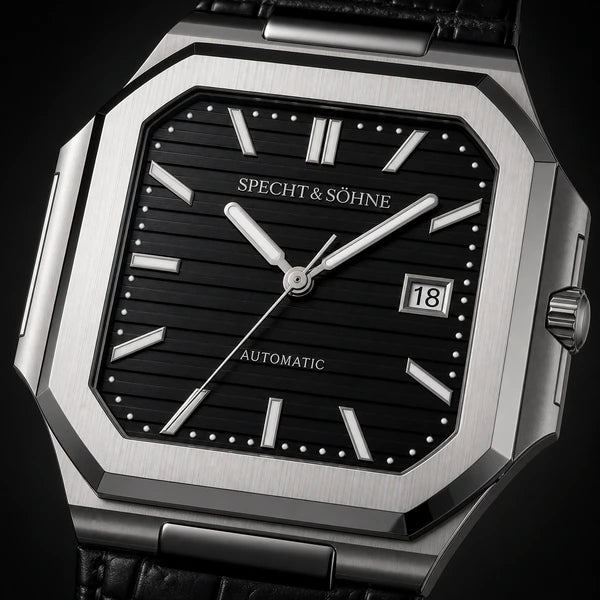 Relogio Masculino de Couro Preto Specht & Sohne Cubico Automatico com macro da textura do mostrador