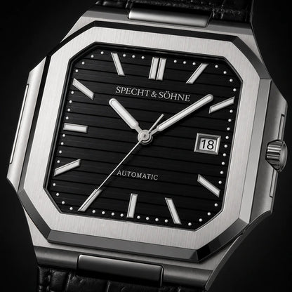 Relogio Masculino de Couro Preto Specht & Sohne Cubico Automatico com macro da textura do mostrador