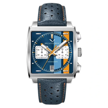 Relógio Masculino Couro Raptor Specht & Söhne frontal com mostrador azul com detalhes geométricos laranja