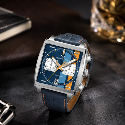 Detalhe do cronografo Couro Raptor com pulseira couro azul perfurado
