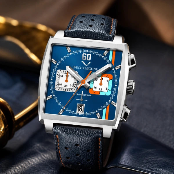 Detalhe do cronografo Couro Strato com pulseira couro azul perfurado