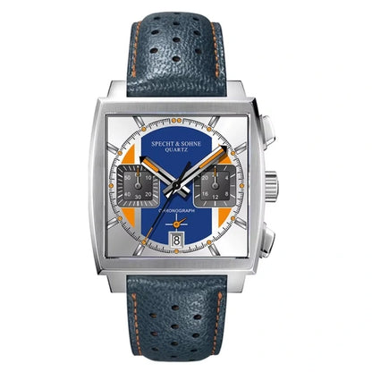 Relógio Masculino Couro Vetor Specht & Söhne frontal com mostrador azul, branco e laranja com desenho geométrico