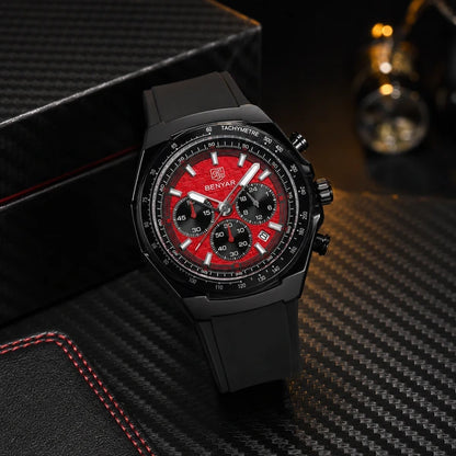 relógio masculino esportivo Benyar vermelho em lifestyle premium