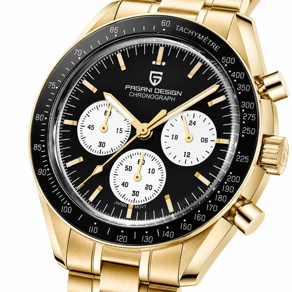 relogio masculino vidro safira Lunario Pagani Design Preto - Close da coroa e bezel