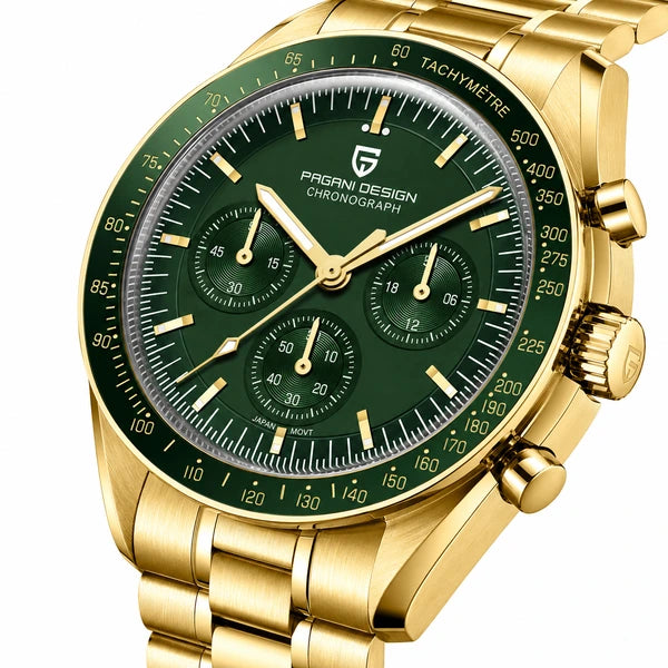 relogio masculino vidro safira Lunario Pagani Design Verde - Close da coroa e bezel