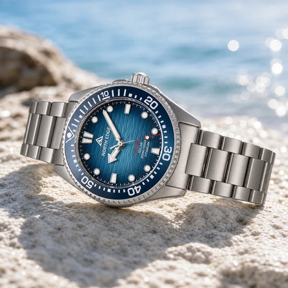 relógio masculino de mergulho North Edge Triton azul em composição solar premium