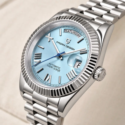 Relógio Masculino Pagani Design Imperiale 36 Ice Blue - detalhe da coroa, do bezel e da caixa