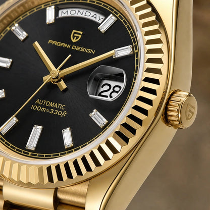 Relógio Masculino Pagani Design Imperiale Dourado com Preto - detalhe da coroa e do mecanismo