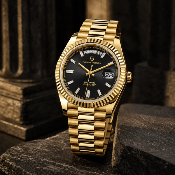 Relógio Masculino Pagani Design Imperiale Dourado com Preto - cena editorial premium