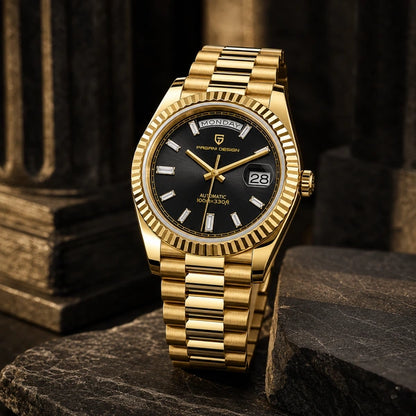 Relógio Masculino Pagani Design Imperiale Dourado com Preto - cena editorial premium