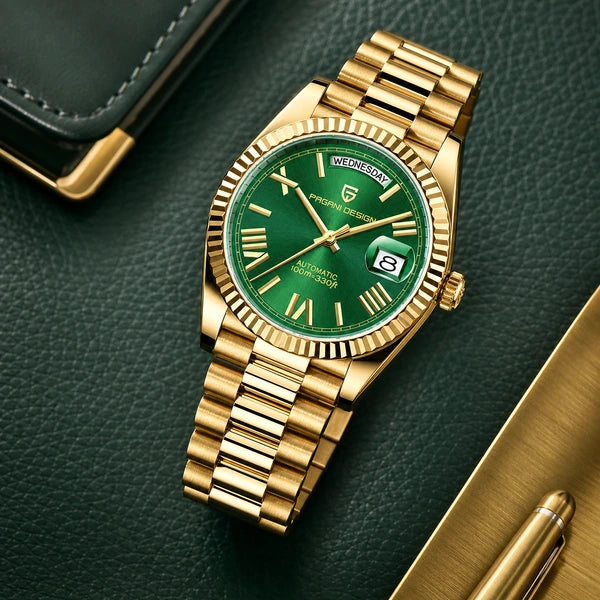 Relógio Masculino Pagani Design Imperiale Dourado com Verde - composição lifestyle premium