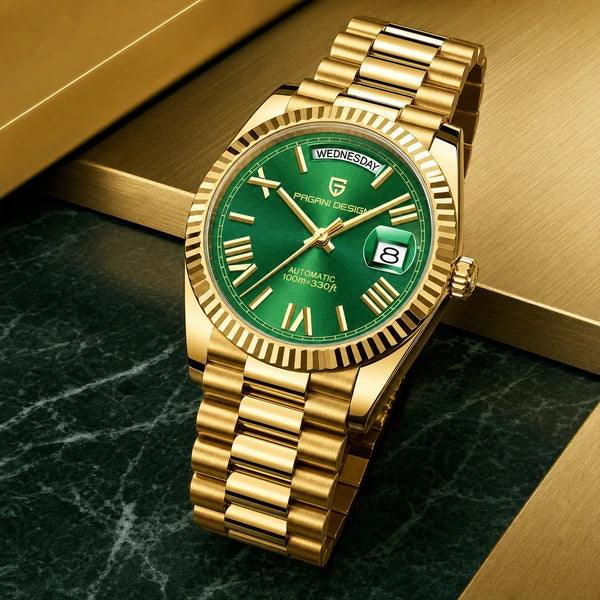 Relógio Masculino Pagani Design Imperiale Dourado com Verde - composição completa do produto