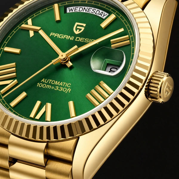 Relógio Masculino Pagani Design Imperiale Dourado com Verde - detalhe da coroa e do mecanismo