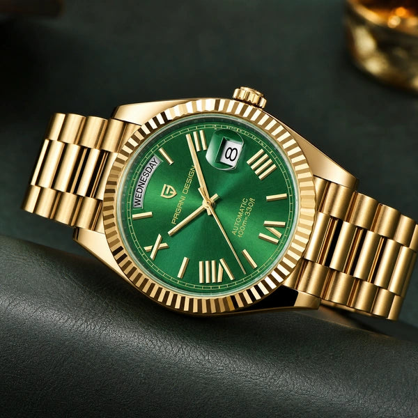 Relógio Masculino Pagani Design Imperiale Dourado com Verde - close do acabamento