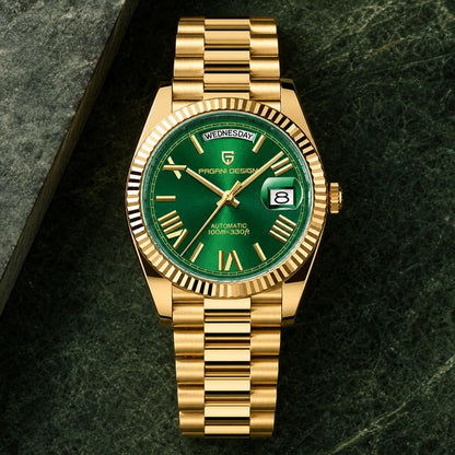Relógio Masculino Pagani Design Imperiale Dourado com Verde - cena editorial premium