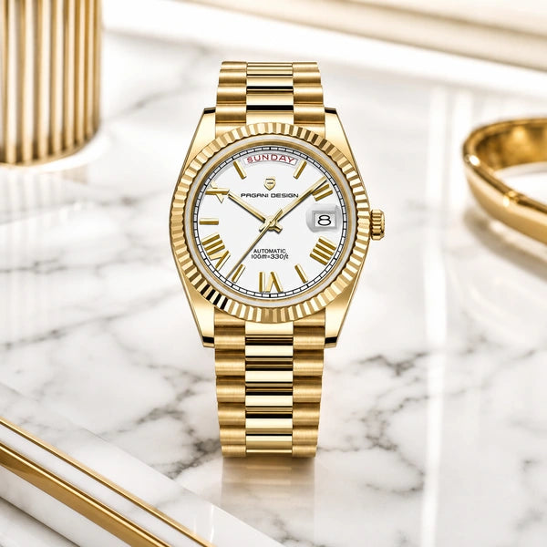 Relógio Masculino Pagani Design Imperiale Dourado com Branco - composição lifestyle luxuosa