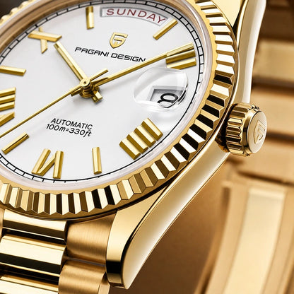 Relógio Masculino Pagani Design Imperiale Dourado com Branco - detalhe da coroa e do mecanismo