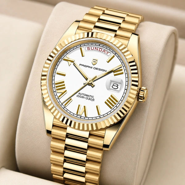 Relógio Masculino Pagani Design Imperiale Dourado com Branco - close do acabamento