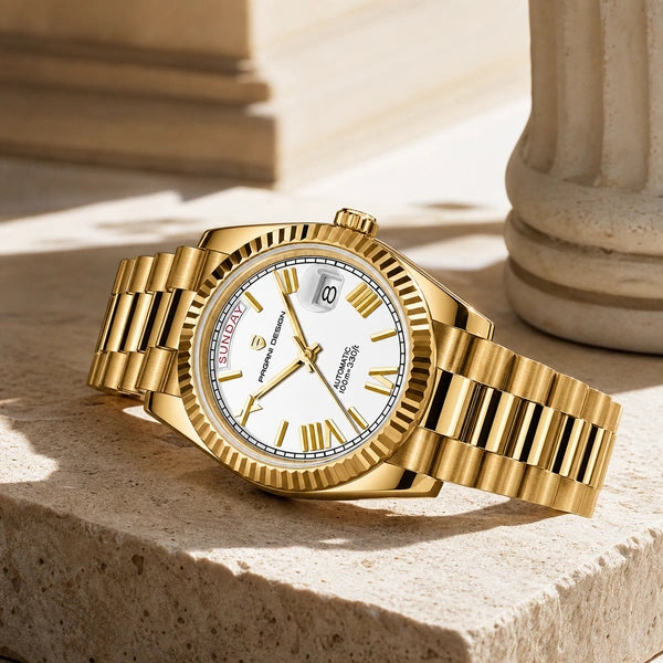 Relógio Masculino Pagani Design Imperiale Dourado com Branco - cena editorial premium