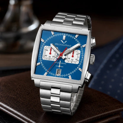 Detalhe do cronografo Prata Azur com pulseira aço prata