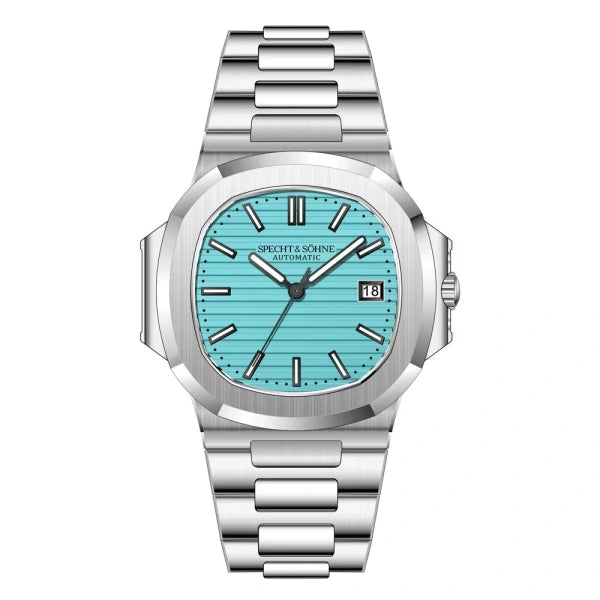 Relógio Masculino Prata Cyan Specht & Söhne vista frontal com mostrador azul claro com caixa e pulseira prata
