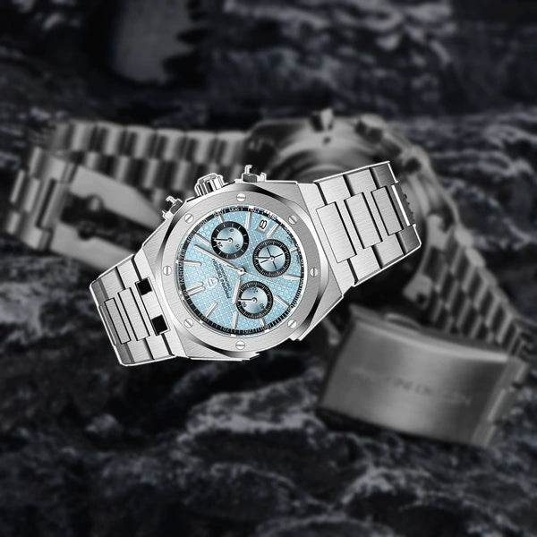 relogio masculino caseback Relógio Masculino Prata Dante Pagani Design Azul Gelo - fundo branco traseira caseback