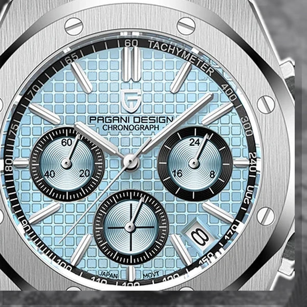 relogio masculino safira Relógio Masculino Prata Dante Pagani Design Azul Gelo - macro do mostrador