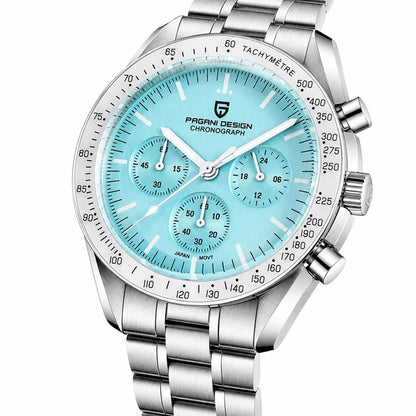 relogio masculino vidro safira Lunario Pagani Design Azul Claro - Close da coroa e bezel