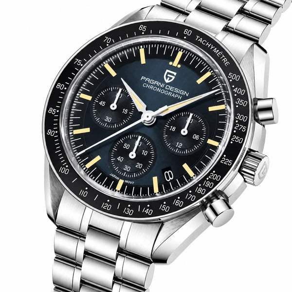 relogio masculino vidro safira Lunario Pagani Design Azul Marinho - Close da coroa e bezel