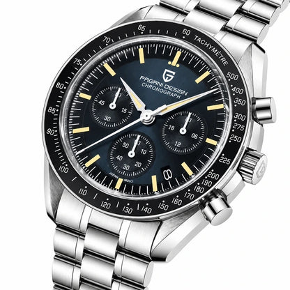 relogio masculino vidro safira Lunario Pagani Design Azul Marinho - Close da coroa e bezel