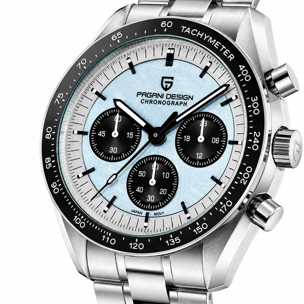 relogio masculino vidro safira Lunario Pagani Design Azul Panda - Close da coroa e bezel