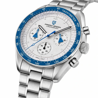 relogio masculino vidro safira Lunario Pagani Design Branco Celeste - Close da coroa e bezel