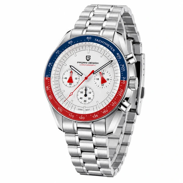 relogio cronografo masculino Lunario Pagani Design Branco Azul Vermelho - Angulo tres quartos