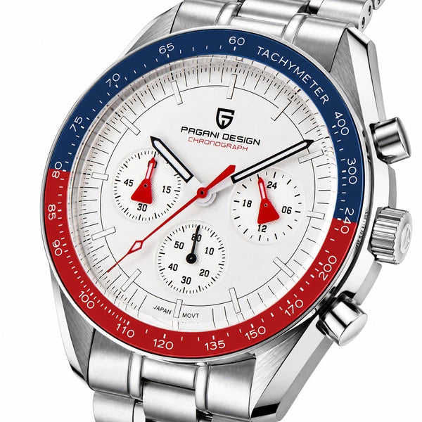 relogio masculino vidro safira Lunario Pagani Design Branco Azul Vermelho - Close da coroa e bezel