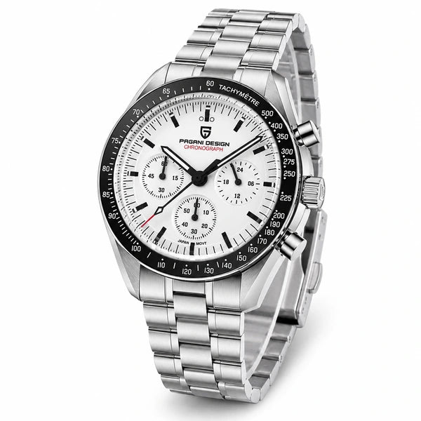 relogio masculino vidro safira Lunario Pagani Design Branco Preto - Close da coroa e bezel