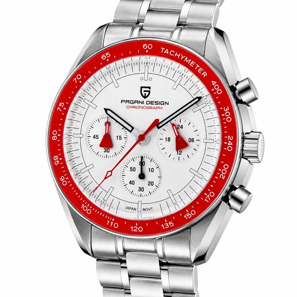 relogio masculino vidro safira Lunario Pagani Design Branco Vermelho - Close da coroa e bezel