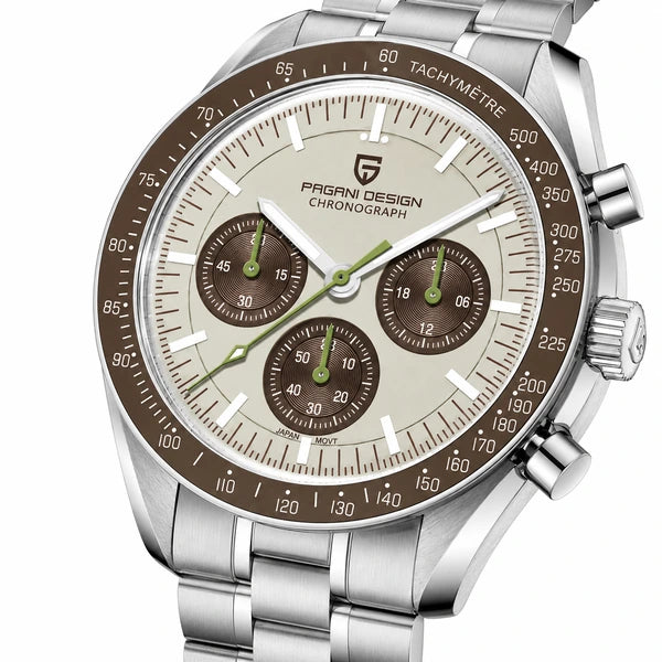 relogio masculino vidro safira Lunario Pagani Design Champanhe - Close da coroa e bezel