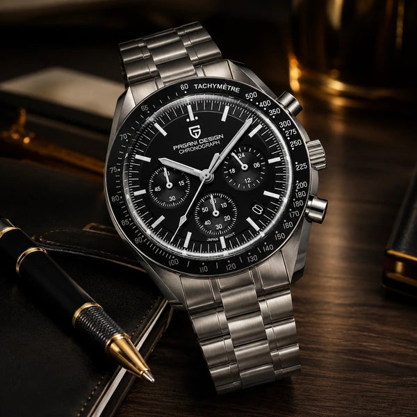relogio cronografo masculino Lunario Pagani Design Preto - Angulo tres quartos