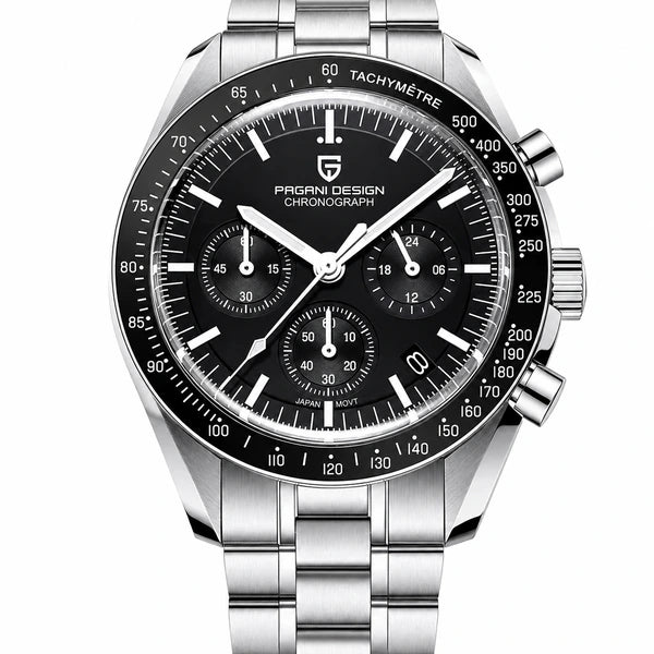 relogio masculino vidro safira Lunario Pagani Design Preto - Close da coroa e bezel