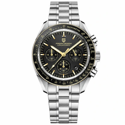 relógio cronógrafo masculino Lunario Pagani Design Preto Dourado - Frente em fundo branco